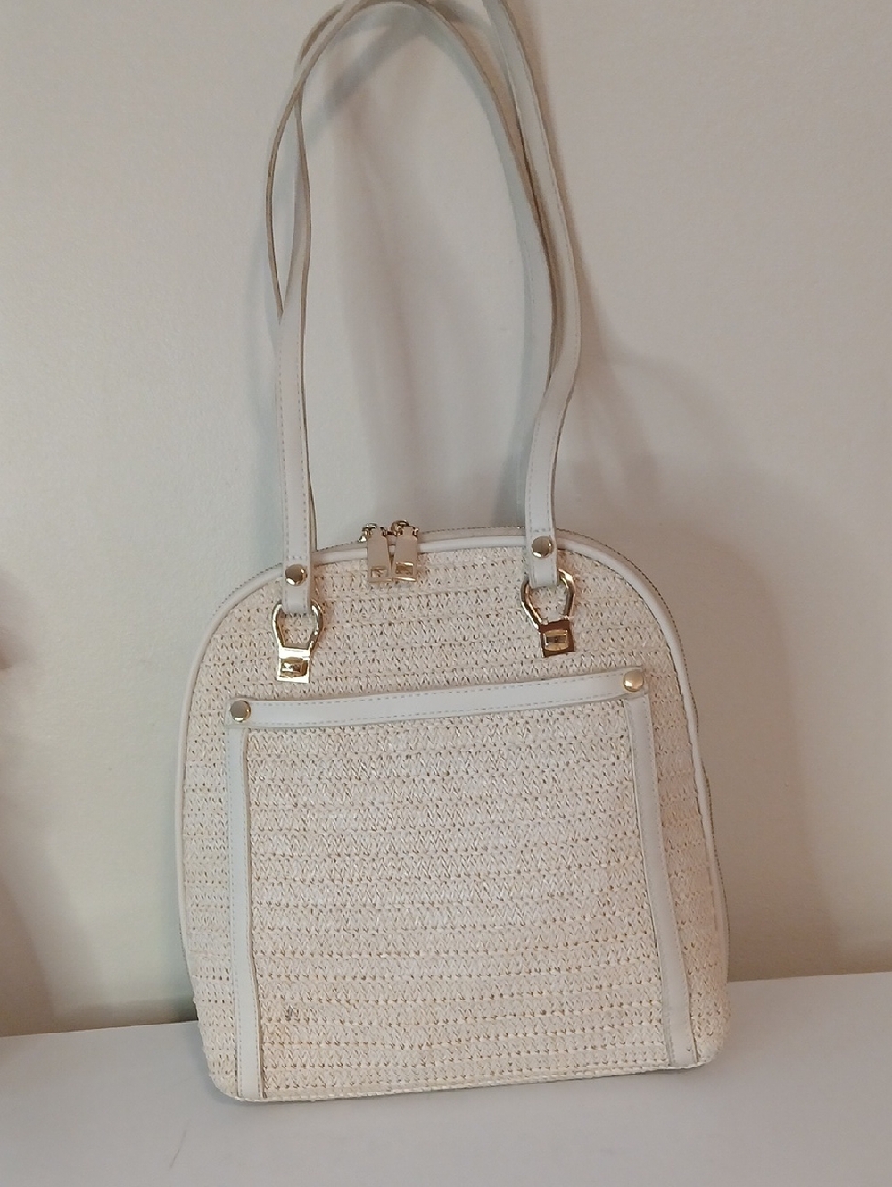 Mystique Boutique Cream Woven Shoulder Bag with Gold Accents